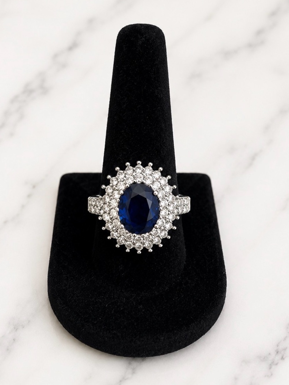 Elegant Silver-Tone Oval Dark Blue Stone With Cluster of White-Statement Ring